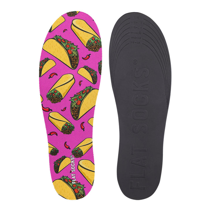 View of top fabric on left liner, view of bottom of right liner. Insole liner features soft-shell tacos and hard-shell tacos with meat, lettuce, and tomatoes on top fabric. Bottom of FLAT SOCK is 100% black polyurethane foam and provides slight cushion under foot and its super grippy surface helps liner stay in place all day #size_large-up-to-women-s-13-men-s-14