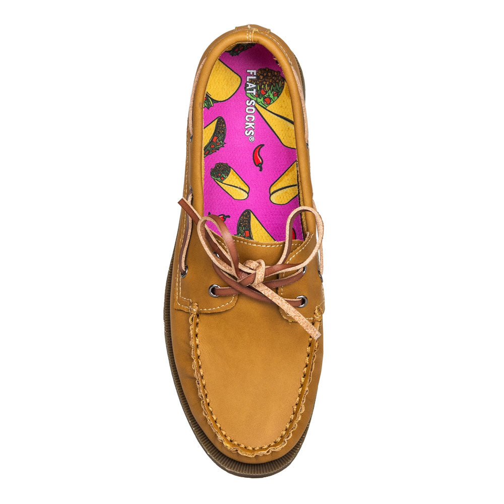 Vibrant pink with hard-shell taco and soft-shell taco print FLAT SOCK in tan leather loafer. Insole liner features soft-shell tacos and hard-shell tacos with meat, lettuce, and tomatoes on top fabric. Shoe liner is made of 100% polyester BK mesh, a more breathable material, helps protect and extend life of shoes. #size_large-up-to-women-s-13-men-s-14