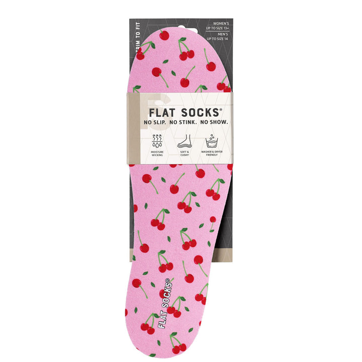 View of the front of light pink with fruit print FLAT SOCK in packaging, FLAT SOCKS no slip, no stink, no show. Moisture wicking, soft & cushy, washer & dryer friendly. Features light pink and red cherry fruit print on insole liner #size_large-up-to-women-s-13-men-s-14