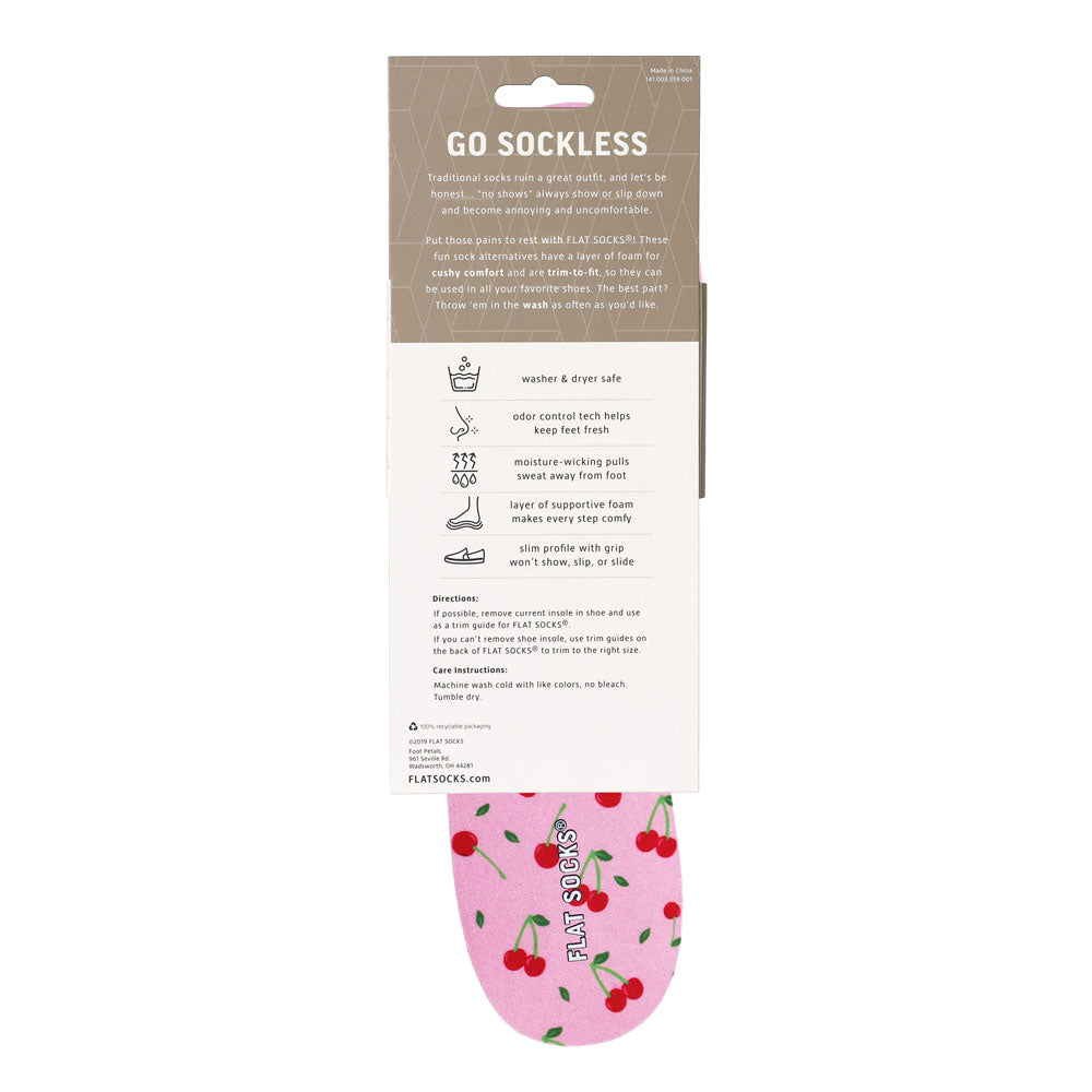 View of the back of light pink with fruit print FLAT SOCK in packaging, washer & dryer safe, odor control tech help keep feet fresh, moisture-wicking pulls sweat away from foot, layer of supportive foam makes every step comfy, slim profile with grip won’t show, slip, or slide. #size_large-up-to-women-s-13-men-s-14