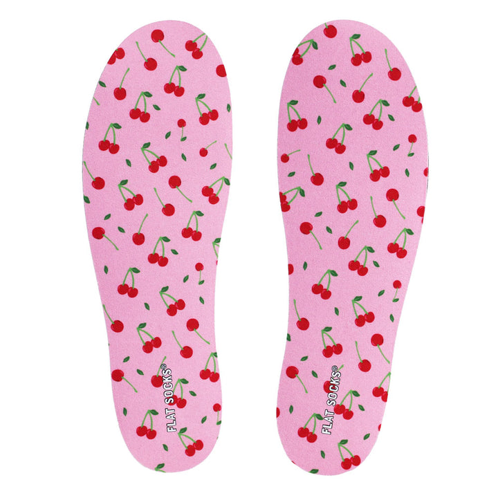 View of top fabric on pair of light pink with fruit print FLAT SOCK, insole liner features light pink and red cherry fruit print on top fabric #size_large-up-to-women-s-13-men-s-14