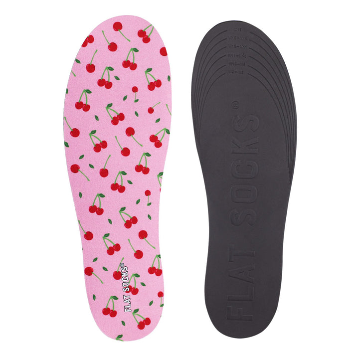 View of top fabric on left liner, view of bottom of right liner. Insole liner features light pink with fruit print on top fabric. Bottom of FLAT SOCK is 100% black polyurethane foam and provides slight cushion under foot and its super grippy surface helps liner stay in place all day #size_large-up-to-women-s-13-men-s-14