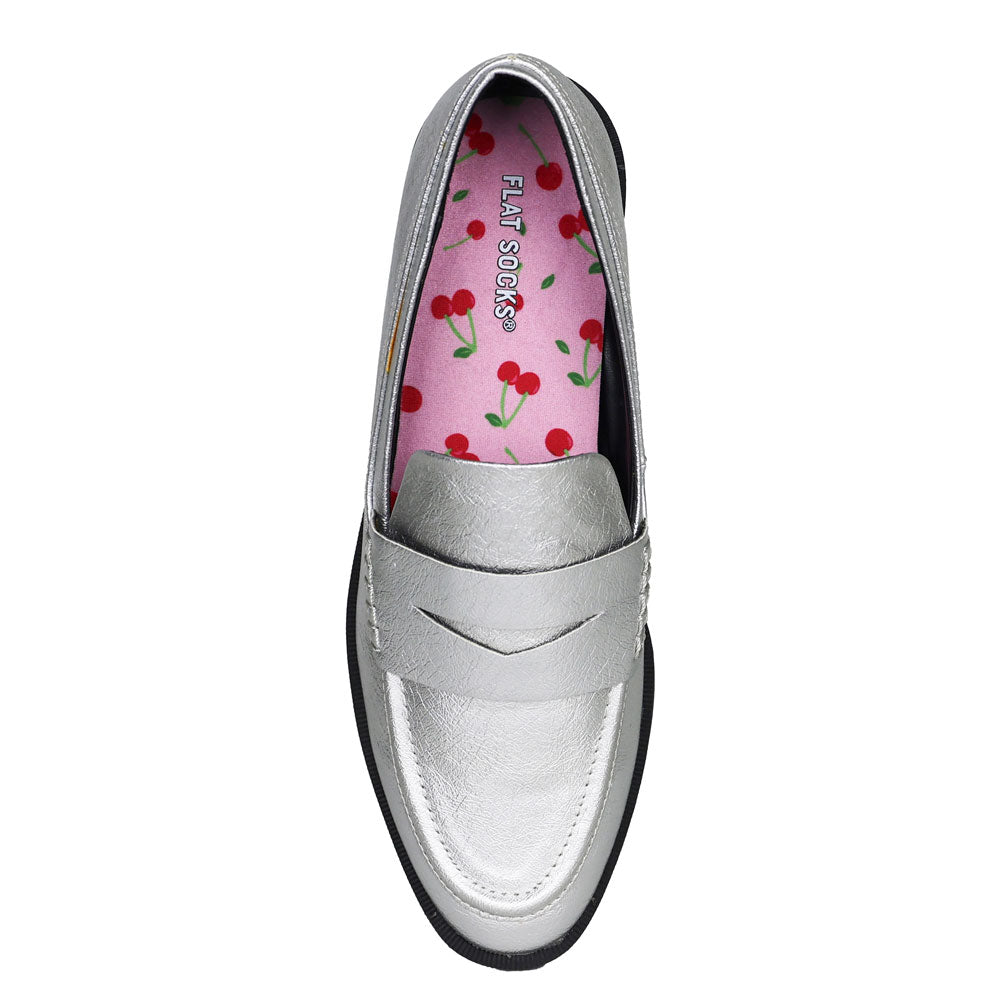 Light pink with fruit print FLAT SOCK in silver metallic slip-on shoe. Insole liner features light pink and red cherry fruit print on top fabric. Shoe liner is made of 100% polyester woven material, closest material to a traditional sock, helps protect and extend life of shoes. #size_large-up-to-women-s-13-men-s-14