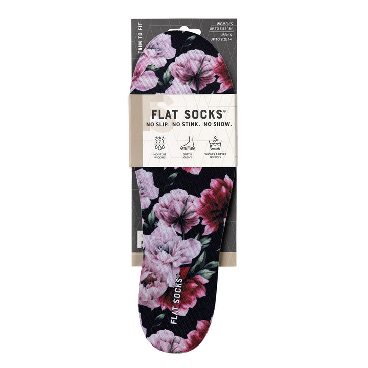 View of the front of black with pink and dark fuchsia peony and green peony leaves floral print FLAT SOCK in packaging, FLAT SOCKS no slip, no stink, no show. Moisture wicking, soft & cushy, washer & dryer friendly. Features pink and dark fuchsia peony flowers and green peony leaves printed on insole liner #size_large-up-to-women-s-13-men-s-14