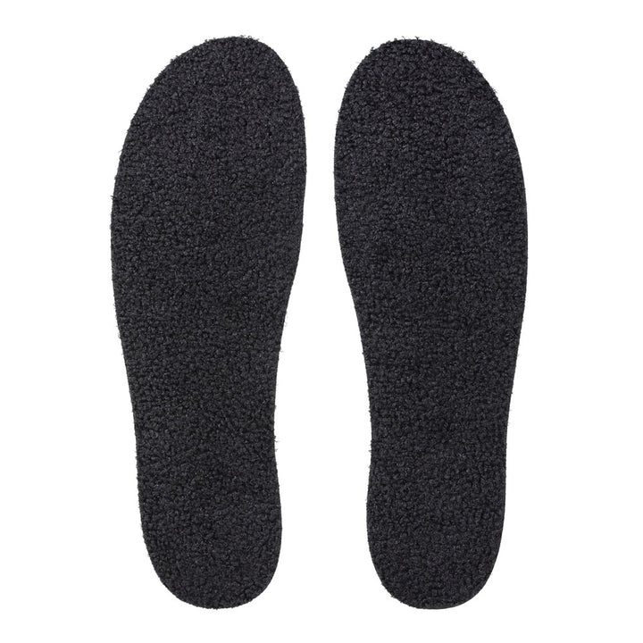 View of top fabric on pair of black sherpa-like faux fur FLAT SOCKS, insole liner features black curly poodle-like faux fur #size_large-up-to-women-s-13-men-s-14