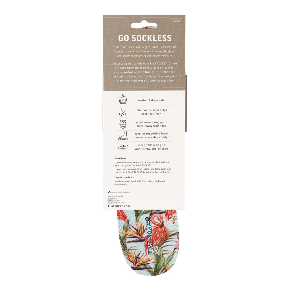 View of the back of floral style with flamingos print FLAT SOCK in packaging, washer & dryer safe, odor control tech help keep feet fresh, moisture-wicking pulls sweat away from foot, layer of supportive foam makes every step comfy, slim profile with grip won’t show, slip, or slide. #size_large-up-to-women-s-13-men-s-14