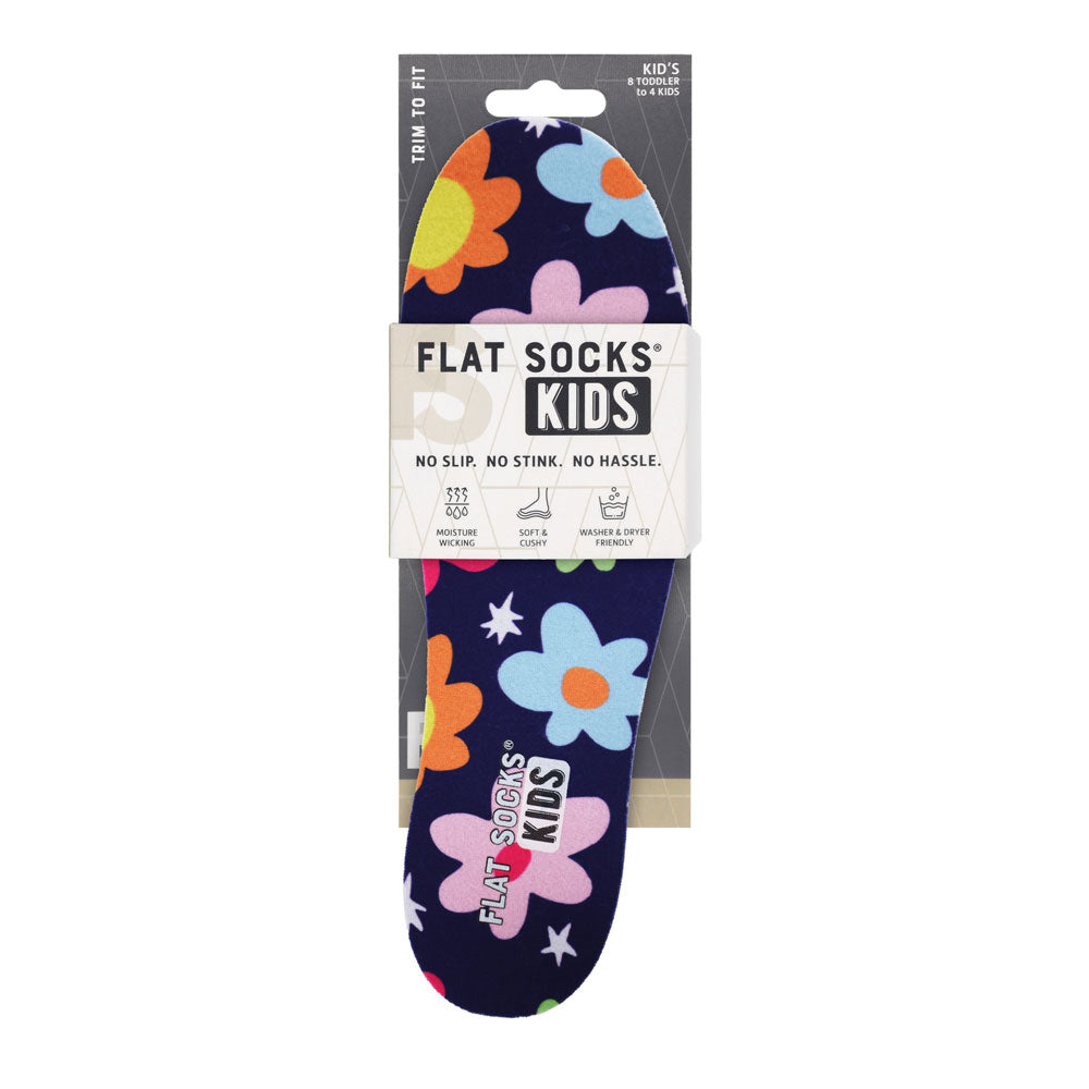 View of the front of navy with colorful flowers print FLAT SOCK in packaging, FLAT SOCKS no slip, no stink, no show. Moisture wicking, soft & cushy, washer & dryer friendly. Features navy with pink, blue, purple, orange and yellow flowers print on insole liner #size_8-toddler-to-4-kid-s