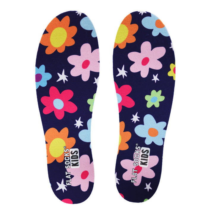 View of top fabric on pair of navy with colorful flowers print FLAT SOCK, insole liner features navy with pink, blue, purple, orange and yellow flowers print on top fabric #size_8-toddler-to-4-kid-s