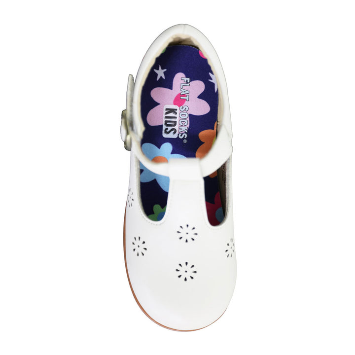 Navy with colorful flowers print FLAT SOCK in white slip-on kids shoe. Insole liner features navy with pink, blue, purple, orange and yellow flowers print on top fabric. Shoe liner is made of 100% polyester woven material, closest material to a traditional sock, helps protect and extend life of shoes. #size_8-toddler-to-4-kid-s