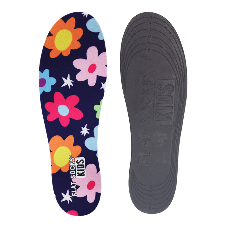 View of top fabric on left liner, view of bottom of right liner. Insole liner features navy with colorful flowers print on top fabric. Bottom of FLAT SOCK is 100% black polyurethane foam and provides slight cushion under foot and its super grippy surface helps liner stay in place all day #size_8-toddler-to-4-kid-s