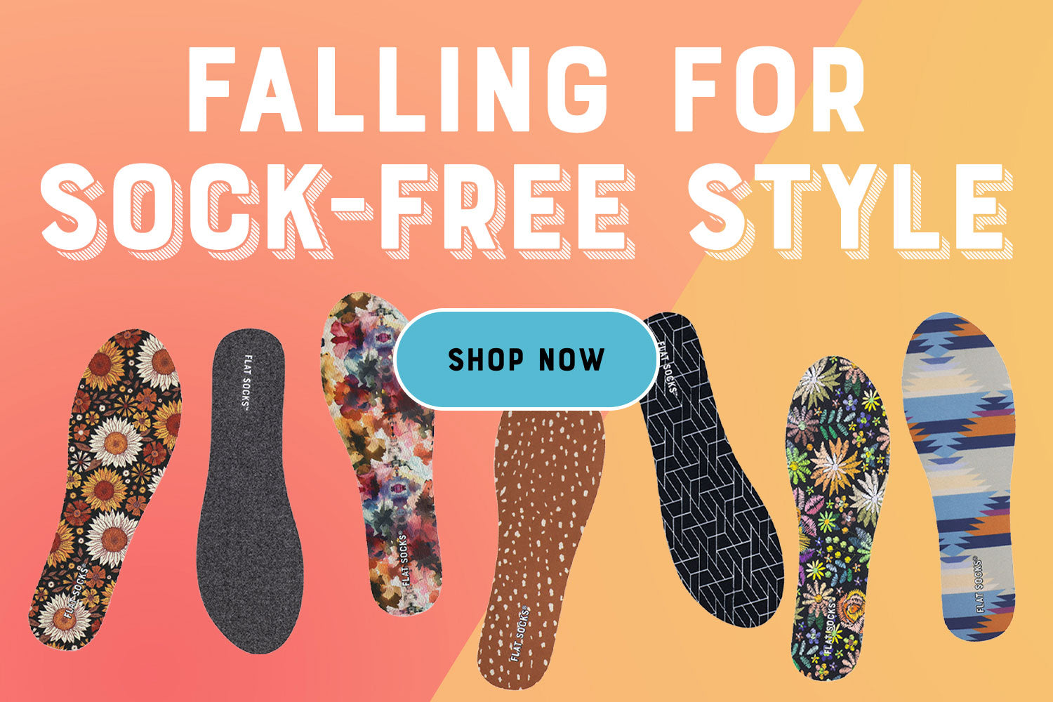 Falling for Sock-Free Style. Shop Now. Promotional graphic with colorful insole designs on a pink and orange background.