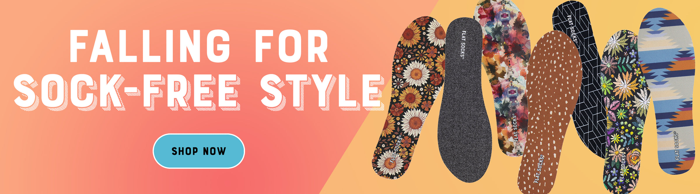 Falling for Sock-Free Style. Shop Now. Promotional graphic with colorful insole designs on a pink and orange background.