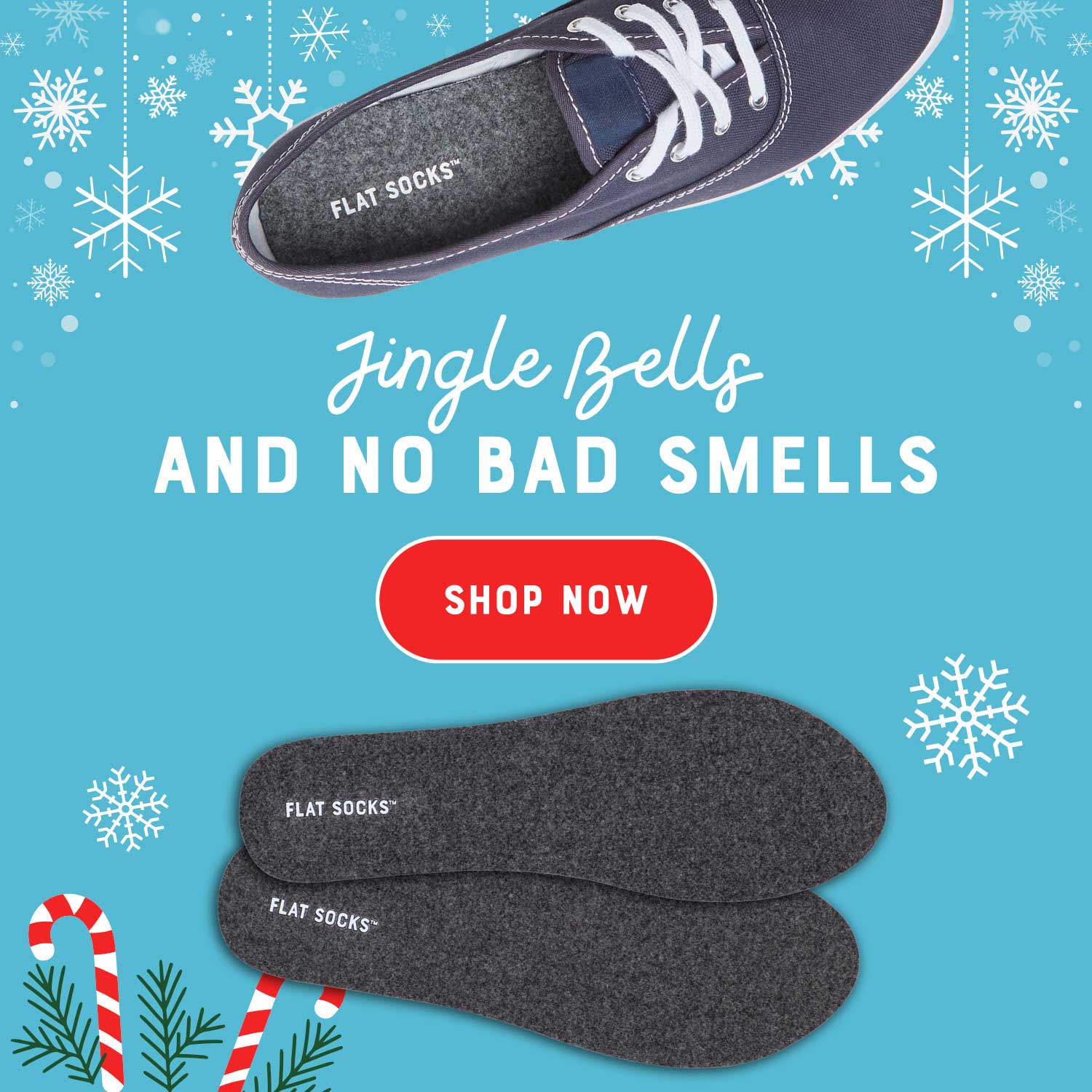 Promotional banner for insoles with text 'Jingle Bells and No Bad Smells' on a blue background with snowflakes.