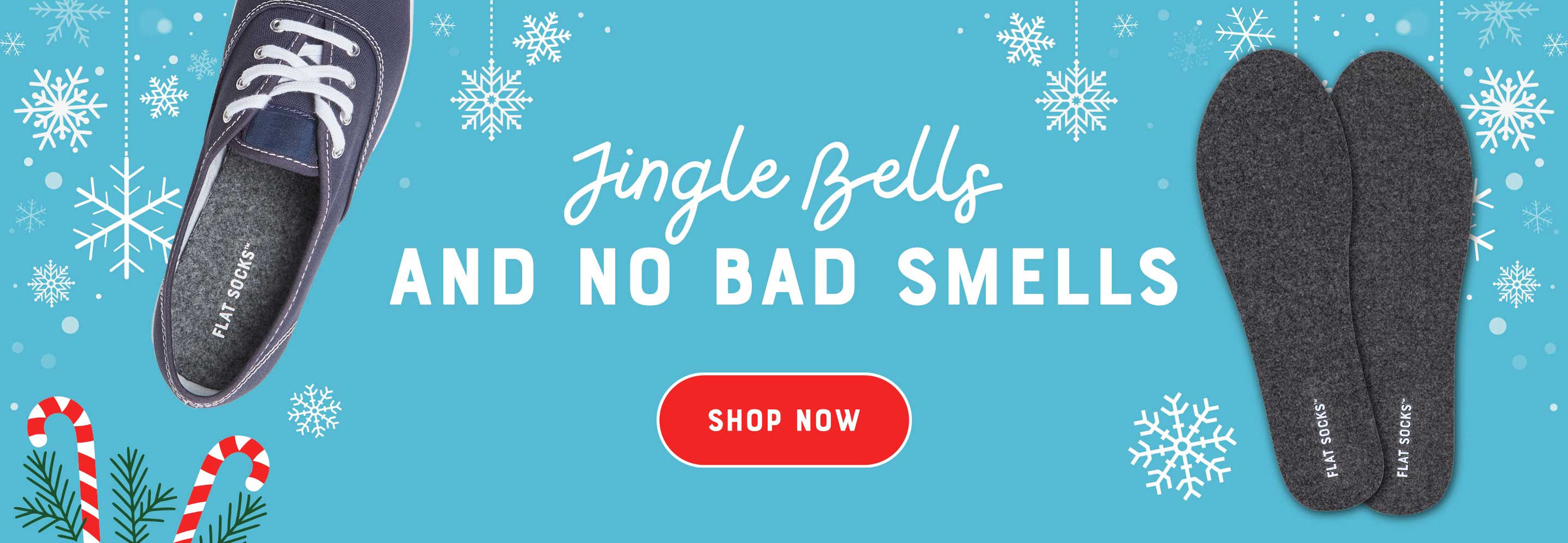 Promotional banner for insoles with text 'Jingle Bells and No Bad Smells' on a blue background with snowflakes.