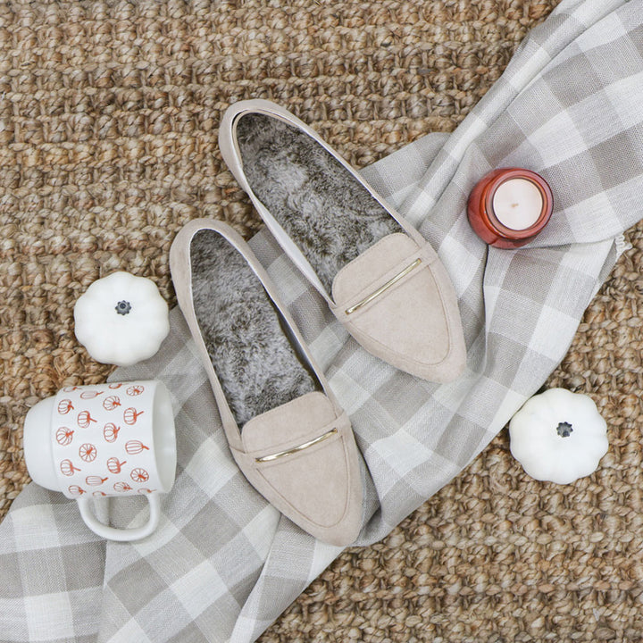 Chestnut Faux Fur FLAT SOCKS in light tan flat shoe next to fall pumpkins, candle, coffee mug #size_large-up-to-women-s-13-men-s-14