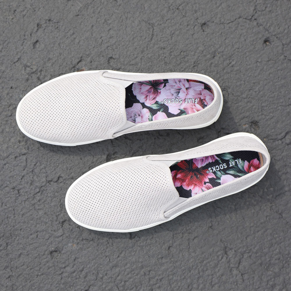 Light gray flats with Pink Peony FLAT SOCKS inside sitting on asphalt #size_large-up-to-women-s-13-men-s-14